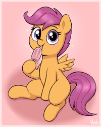 Size: 1466x1834 | Tagged: safe, artist:heretichesh, derpibooru import, scootaloo, pegasus, pony, g4, cute, cutealoo, eating, female, filly, foal, food, hoof hold, licking, looking at you, magnetic hooves, popsicle, signature, sitting, smiling, smiling at you, solo, spread wings, tongue, tongue out, wings