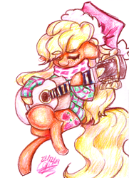 Size: 3060x4218 | Tagged: safe, artist:mannybcadavera, derpibooru import, applejack, earth pony, pony, g4, acoustic guitar, christmas, clothes, crossed legs, dexterous hooves, ears, eyebrows, eyebrows visible through hair, eyes closed, female, floppy ears, guitar, hat, high res, holiday, mare, musical instrument, plaid scarf, plaid shirt, santa hat, scarf, shirt, simple background, smiling, solo, traditional art, watercolor painting, white background