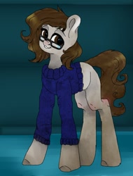 Size: 1053x1384 | Tagged: oc name needed, safe, artist:dorry, derpibooru import, oc, oc only, earth pony, pony, clothes, earth pony oc, female, female oc, glasses, looking at you, mare, mare oc, old art, ponysona, smiling, solo, standing, sweater, unshorn fetlocks