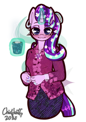 Size: 992x1403 | Tagged: safe, artist:chiefywiffy, derpibooru import, starlight glimmer, anthro, unicorn, g4, chocolate, clothes, dress, female, flower, flower in hair, food, horn, hot chocolate, kebaya, mare, my little pony: friendship is magic, piercing, simple background, solo, white background