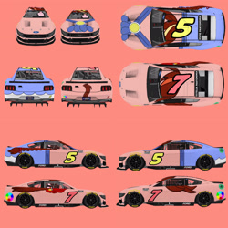 Size: 3464x3464 | Tagged: safe, artist:screaming luigi racing, derpibooru import, oc, oc only, oc:espie pantomimia, oc:estella pantomimia, car, carviewer, duo, duo female, elements of justice, female, ford, ford dark horse, ford mustang, nascar, nr2003, photo, pink background, siblings, simple background, sisters, twins