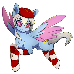 Size: 2000x2000 | Tagged: safe, artist:erein, derpibooru import, oc, oc only, oc:erein rorien, pegasus, pony, beret, blue coat, clothes, colored wings, ears, ears up, flying, hat, male, pegasus oc, simple background, socks, solo, stallion, striped socks, transparent background, white mane, wings, winter outfit