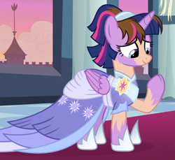 Size: 1180x1080 | Tagged: safe, artist:anonymous, derpibooru import, twilight sparkle, twilight sparkle (alicorn), alicorn, human, pony, g4, the last problem, /ptfg/, clothes, dress, elegant, eye color change, female, folded wings, gown, hoof shoes, human to pony, looking at hoof, mare, mid-transformation, raised hoof, raised leg, regal, second coronation dress, show accurate, smiling, solo, species swap, transformation, wings