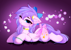 Size: 4919x3472 | Tagged: safe, artist:empress-twilight, derpibooru import, oc, oc only, oc:aster twinkling, pegasus, pony, arched back, belly, belly fluff, blue bow, blue eyes, blushing, bow, bracelet, cheek fluff, chest fluff, colored wings, colored wingtips, commission, ear fluff, ears, eye clipping through hair, eyebrows, eyebrows visible through hair, feathered wings, female, female oc, floppy ears, fluffy, folded wings, gradient background, hair accessory, hair bow, high res, hock fluff, horn, jewelry, leg fluff, lidded eyes, long mane, long tail, looking at you, lying down, mane accessory, mare, mare oc, one eye closed, pegasus royal guard, pink bow, pink coat, pink wingtips, prone, purple mane, purple tail, royal guard, shiny mane, shiny tail, shoulder fluff, smiling, smiling at you, solo, sparkles, sploot, tail, tail accessory, tail bow, thin, three quarter view, two toned mane, two toned tail, two toned wings, wing fluff, wings, ych result