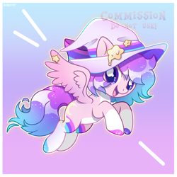 Size: 3770x3770 | Tagged: safe, artist:scarffist, derpibooru exclusive, derpibooru import, oc, oc only, pegasus, pony, base used, cute, gradient background, happy, hat, long tail, looking at you, multicolored hair, multicolored mane, multicolored tail, open mouth, pink coat, purple eyes, ribbon, short hair, short mane, smiling, smiling at you, solo, spread wings, tail, wings, witch hat