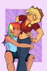 Size: 819x1240 | Tagged: safe, artist:ssuminv, derpibooru import, applejack, rainbow dash, human, g4, abs, appledash, band-aid, belly, belly button, clothes, denim, duo, duo female, ear piercing, earring, female, freckles, front knot midriff, hug, humanized, jeans, jewelry, lesbian, midriff, muscles, muscular female, pants, passepartout, piercing, shipping, shirt, sleeveless