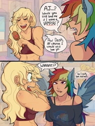 Size: 1620x2160 | Tagged: safe, artist:ssuminv, derpibooru import, applejack, rainbow dash, human, undead, vampire, g4, 2 panel comic, appledash, bat ears, bat wings, breasts, brush, brushing, cleavage, clothes, comic, ears, eyebrows, eyebrows visible through hair, fangs, female, freckles, hairbrush, humanized, indoors, lesbian, lip piercing, midriff, muscles, muscular female, piercing, shipping, sonic the hedgehog, sonic the hedgehog (series), speech bubble, wings