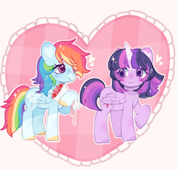 Size: 2954x2832 | Tagged: safe, artist:moon-rose-rosie, derpibooru import, rainbow dash, twilight sparkle, twilight sparkle (alicorn), alicorn, pony, g4, bouquet, chibi, duo, duo female, female, flower, lesbian, shipping, twidash