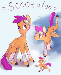 Size: 1728x2132 | Tagged: safe, artist:djoyk, derpibooru import, scootaloo, pegasus, pony, g4, bandage, cute, female, filly, foal, goggles, grin, scootaloo can fly, sitting, smiling, solo