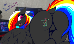 Size: 5000x3000 | Tagged: safe, alternate version, artist:darky_wings, derpibooru import, oc, oc only, oc:darky wings, oc:detonaty, earth pony, pegasus, pony, accident, butt, butt crush, butt focus, buttcheeks, crush fetish, crushing, fetish, flattened, macro, micro, size difference, sketch, squish, swirly eyes