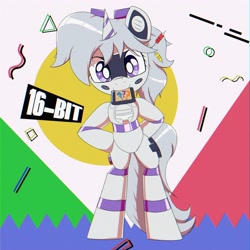 Size: 2500x2500 | Tagged: safe, artist:trackheadtherobopony, derpibooru import, oc, oc:sixteen-bits, pony, robot, robot pony, semi-anthro, unicorn, abstract background, bipedal, cartridge, horn, mouth hold, solo