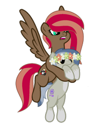 Size: 782x1026 | Tagged: safe, artist:izzakenna, derpibooru import, oc, oc only, oc:amber wing, oc:pascal, earth pony, pegasus, pony, base used, duo, female, floral head wreath, flower, flying, holding a pony, mare, simple background, transparent background