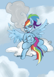 Size: 820x1180 | Tagged: safe, artist:anykoe, derpibooru import, rainbow dash, pegasus, g4, cigar, cloud, female, injured, looking at you, on a cloud, pigtails, signature, sitting, sketch, sky, smoke, smoking, solo, spread legs, spreading