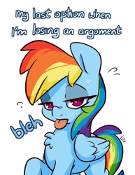 Size: 928x1200 | Tagged: safe, artist:lou, derpibooru import, rainbow dash, pegasus, pony, g4, bleh, emanata, female, mare, plewds, simple background, solo, sweat, sweatdrops, tongue, tongue out, white background