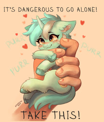 Size: 2005x2342 | Tagged: safe, artist:polnocnykot, derpibooru import, lyra heartstrings, human, pony, unicorn, g4, behaving like a cat, blushing, cheek fluff, cute, ear fluff, ears, female, floppy ears, fluffy, hand, heart, horn, hug, in goliath's palm, it's dangerous to go alone, lyrabetes, meme, offscreen character, offscreen human, purring, simple background, size difference, smiling, smol, solo, solo focus, text, that pony sure does love hands, that pony sure does love humans, the legend of zelda, tiny, tiny ponies, unshorn fetlocks, weapons-grade cute