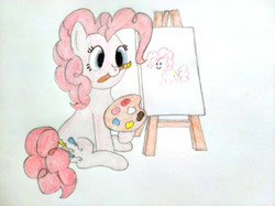 Size: 4032x3016 | Tagged: safe, artist:jakusi, derpibooru import, pinkie pie, earth pony, pony, g4, /bale/, canvas, easel, female, mare, mouth hold, paint, paint palette, paintbrush, painting, sitting, traditional art