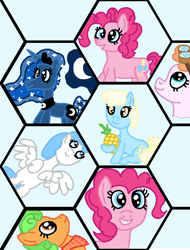 Size: 766x1008 | Tagged: safe, artist:jakusi, derpibooru import, airheart, jetstream, lightning bolt, perfect pie, pinkie pie, princess luna, sassaflash, white lightning, alicorn, earth pony, pegasus, pony, g4, apple family member, aviator goggles, background pony, female, flying, food, goggles, hexagon, looking up, mare, neckerchief, pineapple, sitting, smiling, that pony sure does love pineapples