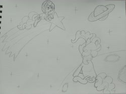 Size: 4032x3016 | Tagged: safe, artist:jakusi, derpibooru import, pinkie pie, earth pony, g4, astronaut pinkie, crater, duality, female, happy, looking up, mare, moon, planet, saturn, shooting star, sketch, space, space helmet, stars, tangible heavenly object, traditional art