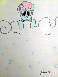 Size: 3016x4032 | Tagged: safe, artist:jakusi, derpibooru import, pegasus, g4, cloud, female, happy, looking at you, looking down, looking down at you, mare, signature, snow, snow shower, snowfall, snowflake, solo, sun, traditional art