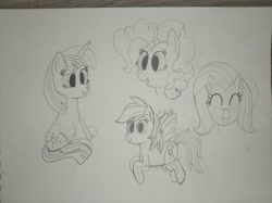 Size: 4032x3016 | Tagged: safe, artist:jakusi, derpibooru import, fluttershy, pinkie pie, rainbow dash, twilight sparkle, earth pony, g4, bust, eyes closed, female, flying, happy, looking at you, mare, portrait, sitting, sketch, smiling, traditional art