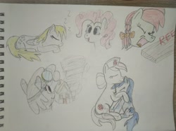 Size: 4032x3016 | Tagged: safe, artist:jakusi, derpibooru import, candy apples, derpy hooves, dust devil, nurse redheart, pinkie pie, oc, oc:fallen oakley, earth pony, pegasus, g4, angry, apple family member, aviator goggles, bow, bust, eyes closed, female, filly, foal, goggles, hair bow, happy, hat, house, hug, mare, nurse hat, onomatopoeia, plank, portrait, reeee, screaming, sleeping, sound effects, tornado, traditional art, zzz