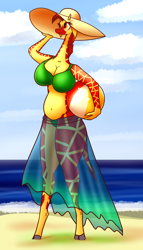 Size: 2000x3500 | Tagged: safe, artist:drbeard, derpibooru import, oc, oc only, oc:jaffa, anthro, giraffe, beach, beach ball, bikini, bipedal, clothes, cloud, female, hat, non-pony oc, ocean, sand, see-through dress, solo, sun hat, swimsuit, water