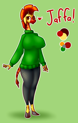 Size: 3000x4714 | Tagged: safe, artist:drbeard, derpibooru import, oc, oc only, oc:jaffa, anthro, giraffe, unguligrade anthro, bipedal, clothes, erect nipples, female, heart, nipple outline, non-pony oc, pants, reference sheet, solo, sweater