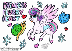 Size: 3291x2322 | Tagged: safe, artist:artistnjc, derpibooru import, princess flurry heart, whammy, alicorn, pony, g4, baby, baby pony, character name, chubby cheeks, crystal heart, diaper, flying, foal, happy, heart, hooves, plushie, simple background, snow, snowflake, solo, tongue, tongue out, traditional art