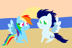 Size: 1935x1285 | Tagged: safe, anonymous artist, derpibooru exclusive, derpibooru import, rainbow dash, soarin', pegasus, pony, series:soarindash honeymoon, series:soarindash romantic tales, g4, beach, cute, dashabetes, female, heartwarming, looking at each other, looking at someone, male, mare, pointy ponies, primal, rainbow dash is best pony, romantic, shipping, sitting, smiling, smiling at each other, soarinbetes, soarindash, stallion, straight, sunset, sweet dreams fuel