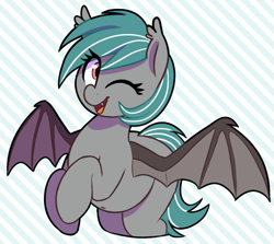 Size: 1466x1306 | Tagged: safe, artist:thebatfang, derpibooru import, oc, oc only, oc:malachite cluster, bat pony, pony, bat pony oc, bat wings, belly, belly button, cute, cute little fangs, ear tufts, fangs, femboy, looking at you, male, ocbetes, one eye closed, open mouth, open smile, patterned background, smiling, smiling at you, solo, spread wings, stallion, striped background, wings, wink, winking at you