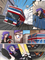 Size: 1800x2400 | Tagged: safe, artist:ilacavgbmjc, derpibooru import, rarity, human, equestria girls, g4, britain, british, bus, clothes, comic, comic page, crossover, driving, great britain, high heels, humanized, london, pedal, road rage, shoes, solo, speedometer, spice girls, spice world, steering wheel, stiletto heels, united kingdom