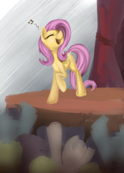 Size: 1000x1400 | Tagged: safe, artist:zetamad, derpibooru import, fluttershy, pegasus, pony, g4, atg 2017, audience, eyes closed, female, folded wings, group, mare, music notes, newbie artist training grounds, open mouth, open smile, raised hoof, raised leg, singing, smiling, solo focus, stage, wings