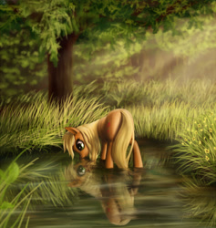 Size: 1800x1900 | Tagged: safe, artist:zetamad, derpibooru import, applejack, earth pony, pony, g4, butt, drink, drinking, female, forest, horses doing horse things, looking down, mare, missing accessory, nature, outdoors, plot, pond, reflection, scenery, solo, tree, water