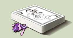 Size: 1380x730 | Tagged: safe, artist:zetamad, derpibooru import, discord, starlight glimmer, pony, unicorn, g4, card, deck of cards, faceplant, horn, joker, playing card, solo, squashed, tiny, tiny ponies