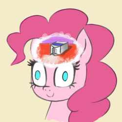 Size: 900x900 | Tagged: safe, artist:zetamad, derpibooru import, pinkie pie, earth pony, pony, g4, blank stare, bust, crossover, derp, exploitable meme, female, meme, no pupils, portrait, simple background, solo, spilled milk, spongebob squarepants, the inner machinations of my mind are an enigma, the secret box, yellow background