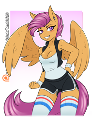 Size: 1890x2490 | Tagged: safe, artist:ambris, derpibooru import, scootaloo, anthro, pegasus, g4, 2019, adorasexy, blushing, boobaloo, breasts, cleavage, clothes, confident, cute, digital art, ear piercing, eyebrow piercing, eyeshadow, female, hand on hip, high socks, legs, looking at you, makeup, old art, older, older scootaloo, open clothes, open shirt, patreon, patreon logo, piercing, reasonably sized breasts, sexy, shirt, shorts, smiling, socks, solo, sports shorts, sweatband, tail, tanktop, thigh highs, thighs, tomboy, vest, wings, wristband, zettai ryouiki