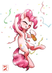 Size: 1440x2000 | Tagged: safe, artist:zetamad, derpibooru import, pinkie pie, earth pony, pony, g4, apple cider, atg 2020, blushing, cider, confetti, digital edit, eyes closed, female, mare, newbie artist training grounds, solo, streamers, traditional art