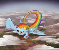 Size: 1836x1552 | Tagged: safe, artist:zetamad, derpibooru import, rainbow dash, pegasus, pony, g4, atg 2021, cloud, ears, eyebrows, female, floppy ears, flying, grin, mare, newbie artist training grounds, outdoors, rainbow trail, scenery, sky, smiling, solo, spread wings, underhoof, wings