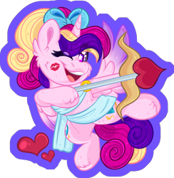 Size: 1860x1904 | Tagged: safe, artist:thehaywaiianhorse, derpibooru import, princess cadance, alicorn, pony, g4, bow, cupid's arrow, cute, cutedance, deviantart watermark, female, hair bow, heart, horn, kiss mark, lipstick, looking, looking at you, mare, obtrusive watermark, one eye closed, one wing out, open mouth, open smile, partially transparent background, smiling, solo, starry eyes, watermark, wingding eyes, wings, wink