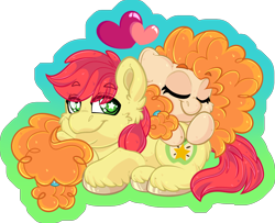 Size: 1896x1543 | Tagged: safe, artist:thehaywaiianhorse, derpibooru import, bright mac, pear butter, earth pony, pony, g4, brightbutter, cheek fluff, duo, duo male and female, eyes closed, female, heart, lying down, male, mare, partially transparent background, prone, shipping, smiling, stallion, starry eyes, straight, unshorn fetlocks, wingding eyes