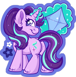 Size: 2080x2126 | Tagged: safe, artist:thehaywaiianhorse, derpibooru import, starlight glimmer, pony, unicorn, g4, backwards cutie mark, butt, chibi, featureless crotch, female, glowing, glowing horn, horn, kite, levitation, looking at you, looking back, looking back at you, magic, magic aura, mare, partially transparent background, plot, smiling, smiling at you, solo, sparkles, starry eyes, telekinesis, wingding eyes