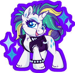 Size: 2029x1981 | Tagged: safe, artist:thehaywaiianhorse, derpibooru import, rarity, pony, unicorn, g4, alternate hairstyle, cheek fluff, chibi, eyeshadow, female, horn, looking at you, makeup, mare, open mouth, open smile, partially transparent background, piercing, punk, raripunk, smiling, smiling at you, solo, starry eyes, tongue piercing, wingding eyes