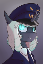 Size: 1484x2215 | Tagged: safe, artist:floppochkin, derpibooru import, oc, oc only, oc:queen exavia, changeling, changeling queen, equestria at war mod, admiral, blue eyes, bust, cap, changeling oc, clothes, digital art, fangs, female, gradient background, hat, horn, looking at you, military, military uniform, necktie, new characters for equestria at war, new characters for equestria at war mod, peaked cap, portrait, smiling, smiling at you, solo, uniform, uniform hat, white mane