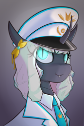 Size: 1484x2215 | Tagged: safe, artist:floppochkin, derpibooru import, oc, oc only, oc:queen exavia, butterfly, changeling, changeling queen, equestria at war mod, admiral, blue eyes, bust, cap, changeling oc, clothes, digital art, fangs, female, gradient background, hat, horn, looking at you, military, military uniform, necktie, new characters for equestria at war, new characters for equestria at war mod, peaked cap, pin, portrait, smiling, smiling at you, solo, uniform, uniform hat, white mane