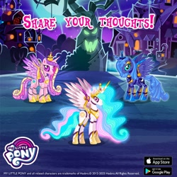 Size: 1080x1080 | Tagged: safe, derpibooru import, princess cadance, princess celestia, princess luna, alicorn, pony, robot, robot pony, g4, alicorn triarchy, female, game screencap, gameloft, lunabotic, my little pony: magic princess, night, princess botdance, robolestia, roboticization, trio, trio female