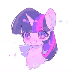 Size: 1765x1765 | Tagged: safe, artist:hecun923, derpibooru import, twilight sparkle, unicorn, g4, female, horn, mare, simple background, smiling, solo, sparkles, white background