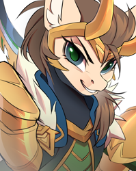 Size: 1500x1887 | Tagged: safe, artist:redchetgreen, derpibooru import, oc, oc only, oc:dima, pegasus, pony, clothes, cosplay, costume, loki, marvel, smiling, solo