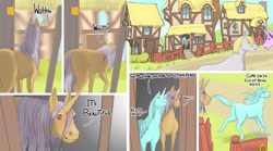 Size: 2573x1432 | Tagged: safe, artist:ivanfromafar, derpibooru import, amethyst star, derpy hooves, lyra heartstrings, sparkler, oc, earth pony, pony, unicorn, comic:feeling a little horse, g4, butt, comic, dialogue, doorway, female, hoers, horn, human to pony, mare, nuzzling, plot, ponyville, running, species swap, transformation, wingless