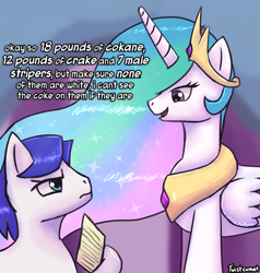 Size: 2850x3000 | Tagged: safe, artist:twistcumet, derpibooru import, princess celestia, alicorn, pony, friendship is magic, g4, 2d, blue eyes, blue hair, blurry background, colored, colored sketch, crown, determined, dialogue, ears, eyelashes, female, folded wings, funny, gold, height difference, horn, implied stripping, jewelry, lined paper, list, long horn, long legs, long mane, long neck, looking at someone, looking down, looking up, male, mare, master chief and luna hanging out, meme, multicolored hair, muzzle, necklace, nonchalant, nostrils, paper, purple eyes, rainbow hair, regalia, royal guard, shaded sketch, shading, shiny, shiny eyes, shiny mane, shitposting, short mane, sketch, smiling, sparkles, speech, stallion, standing, talking, tall, text, white fur, wings