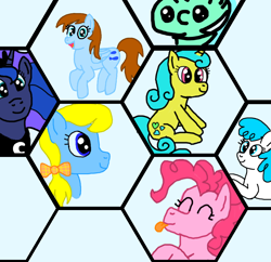 Size: 854x828 | Tagged: safe, artist:jakusi, derpibooru import, lemon hearts, lightning bolt, lyra heartstrings, pinkie pie, princess luna, white lightning, alicorn, earth pony, pegasus, pony, unicorn, g4, :p, apple cider, apple cider (g4), apple family member, background pony, blue buck, bow, bust, deep blue, eyes closed, female, hair bow, happy, horn, mare, numget, portrait, sitting, smiling, tongue, tongue out